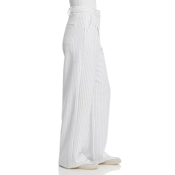FRENCH CONNECTION Women's Whisper Pinstripe Pleated Wide Leg Pants White Navy 2 - Picture 5 of 16